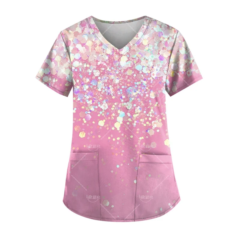 

2024 Valentine'S Day Nurse Uniform Tops Women'S Work Uniform Short Sleeve V Neck T-Shirt Blusas Nursing Uniform