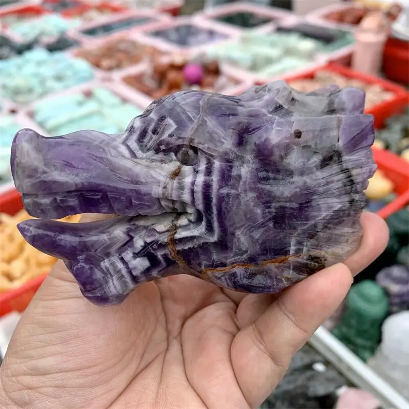 Natural Dream Amethyst Wolf Head Carving Reiki Faith Handicraft Ornaments Healing Home Decoration Gift 1PCS