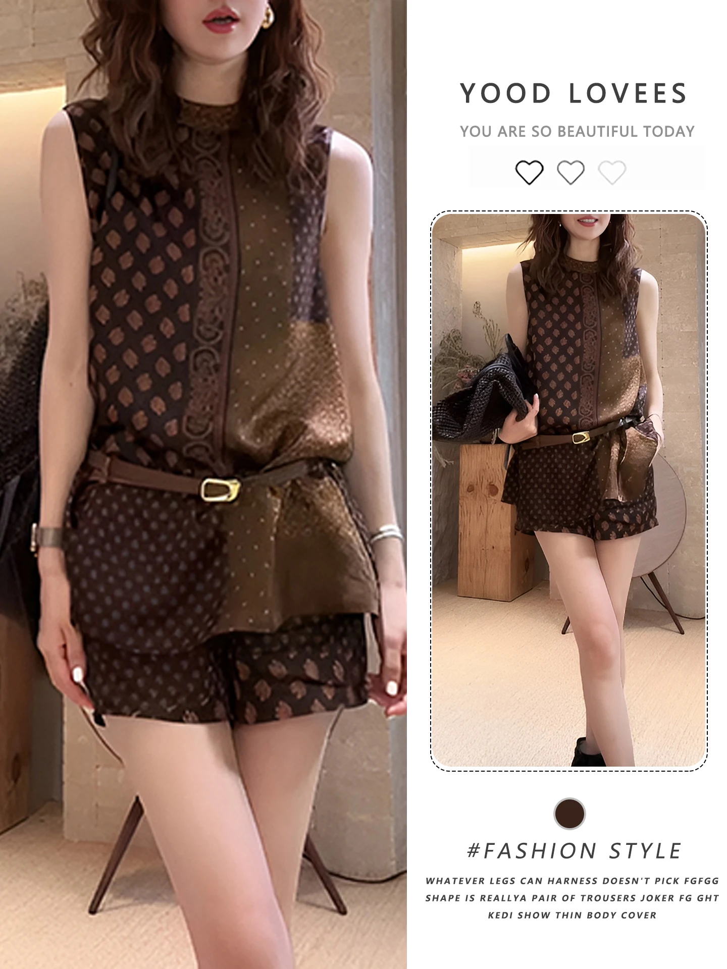 

Retro Mature Women's Three-Piece Set Belted Pants Coffee Print Vest Summer Fashion Ensemble Non-Repeating Style Casual Wear