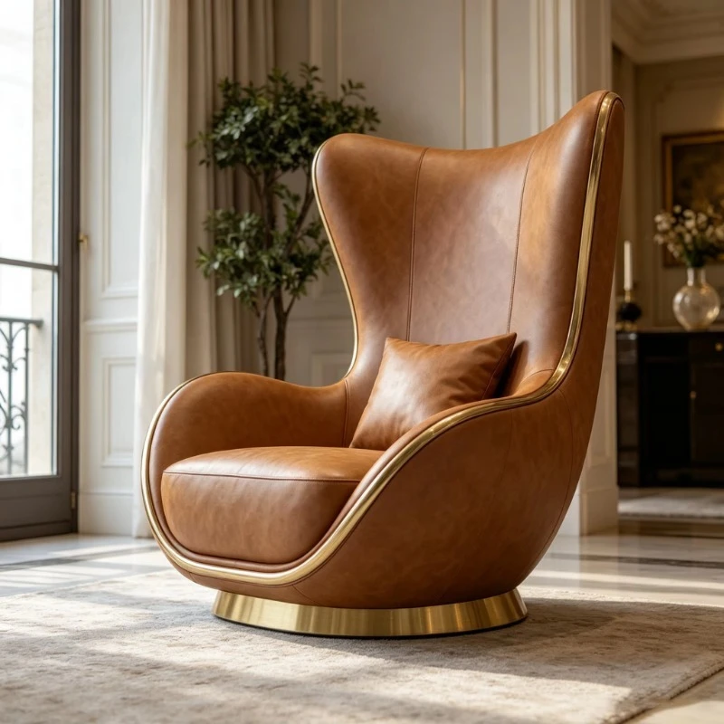 Brown Backrest Swivel Chair Metal Base Padded Leisure Armchair