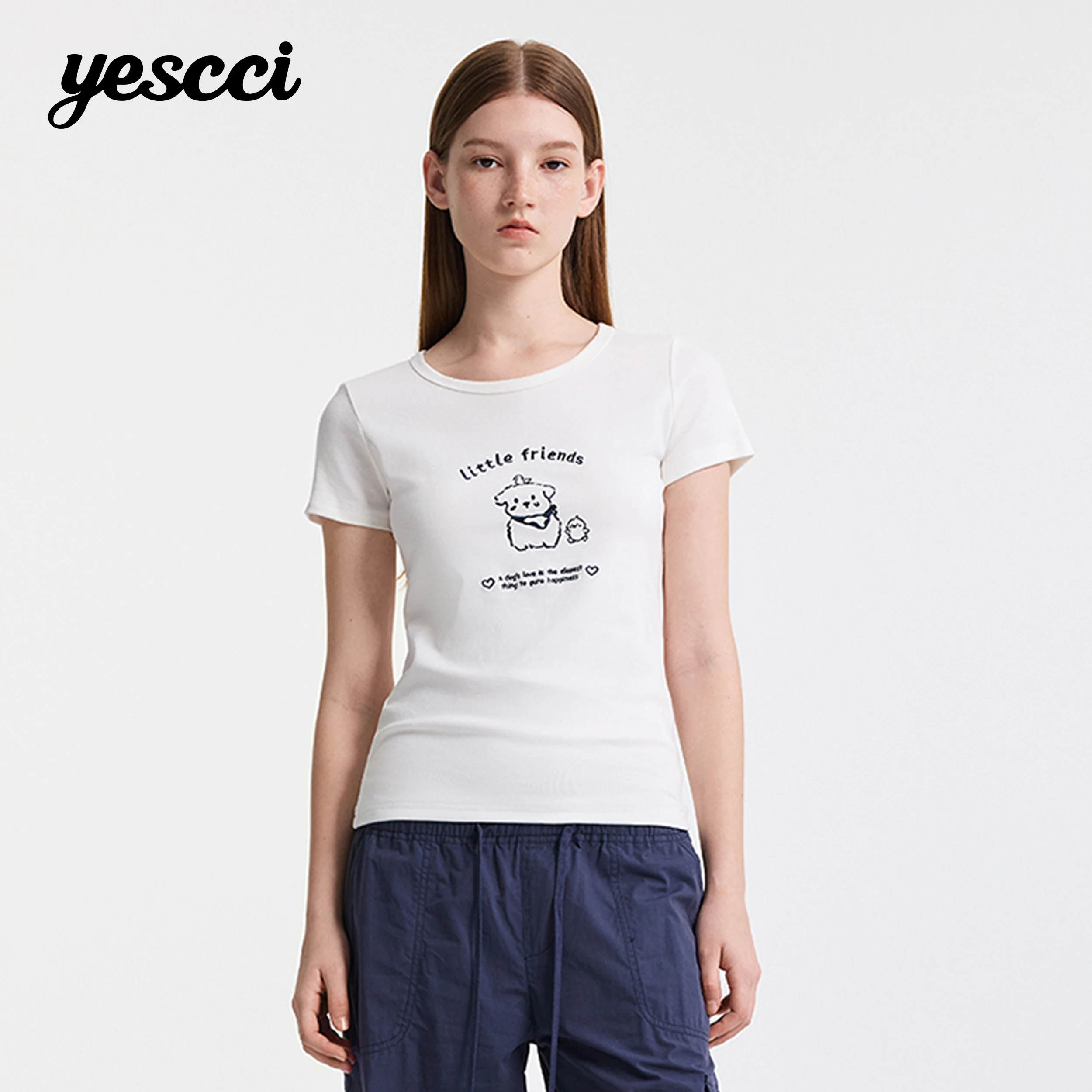 YESCCI Women's Short Sleeve Tee O-Neck Soft Cotton Basic Top 2026 Summer New Embroidery Lightweight Women's Tee Shirt S56320097