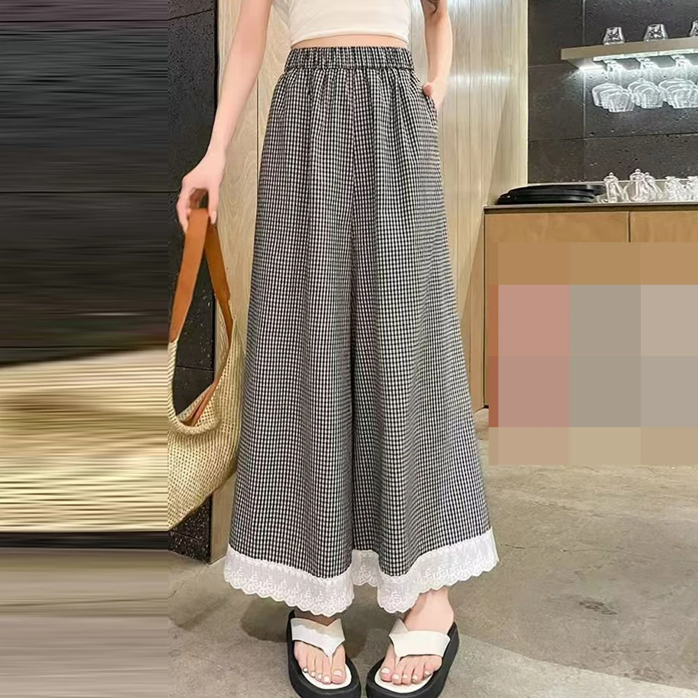 Fashion drape plaid lace splicing wide-leg pants women's summer 2025 new high-waisted loose drape casual pants