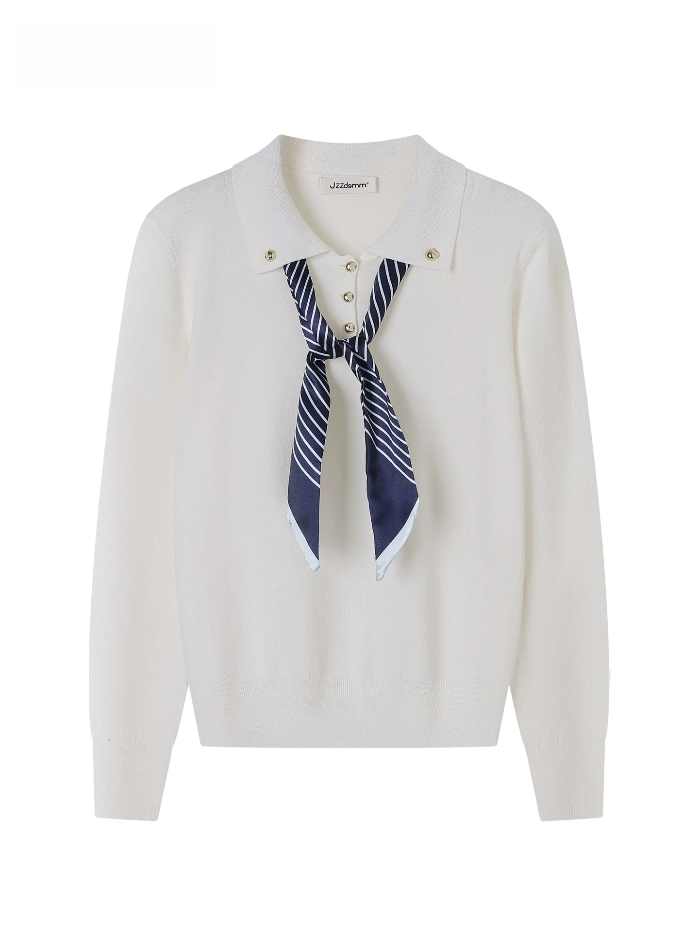 

JZZDEMM College Sle Knitted Sweater with Scarf Collar for Women in White Youthful Slim Fit Soft Viscose And Nylon Fiber