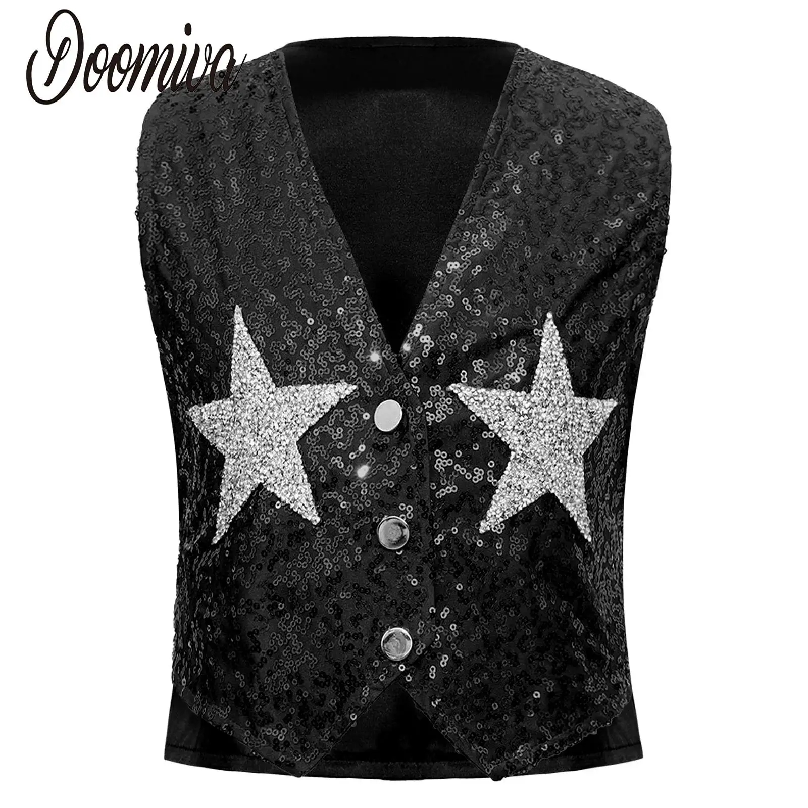 

Girls Boys Sequins Jazz Dance Waistcoat Disco Kids Vest Sparkle Shiny V Neck Buttons Sequins Tops Halloween Performance Costume