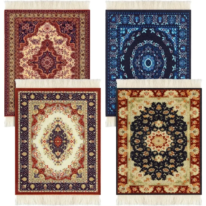 Rug Table Coasters Persian Carpet Style Drink Holders Oriental Vintage Bohemian Mats Miniature Elegant Bar Coaster Mouse Pad