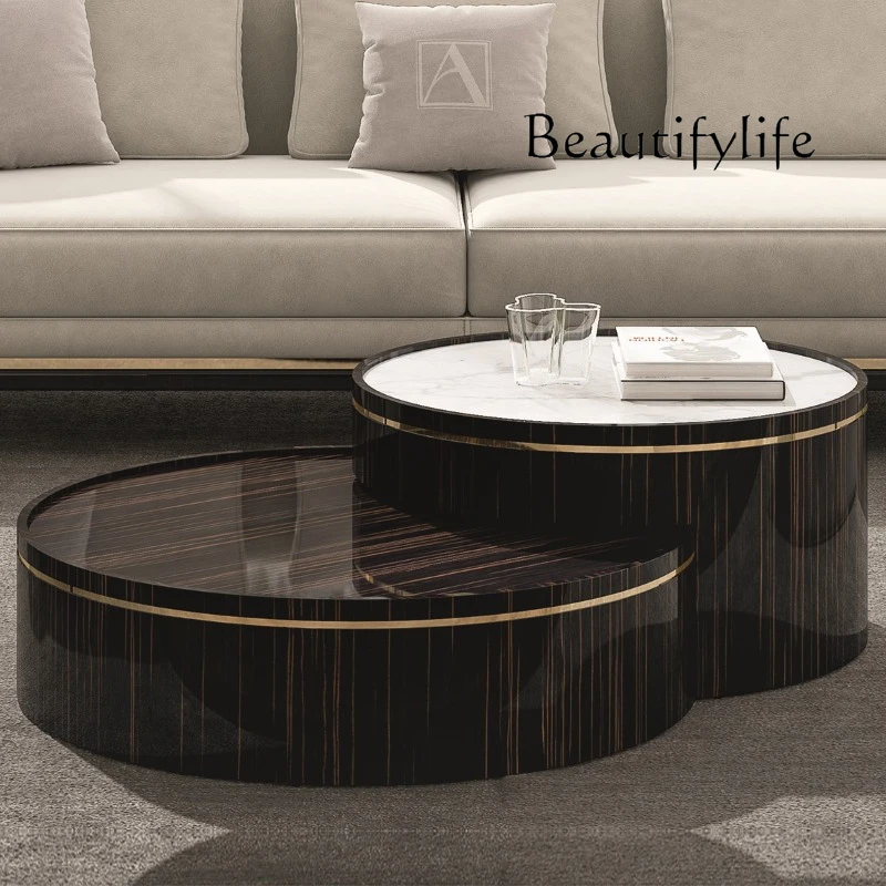 

Modern Light Luxury Creative round Blackwood Tea Table Hong Kong Style Living Room Combination Marble Tea Table