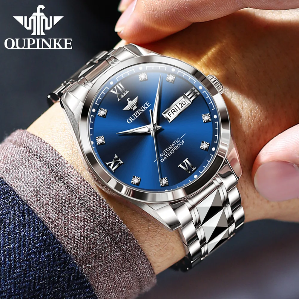 OUPNKE Business Blue Men\'s Watches Fully Automatic Mechanical Wristwatch for Men Date Week Waterproof Luminous Luxury Watch