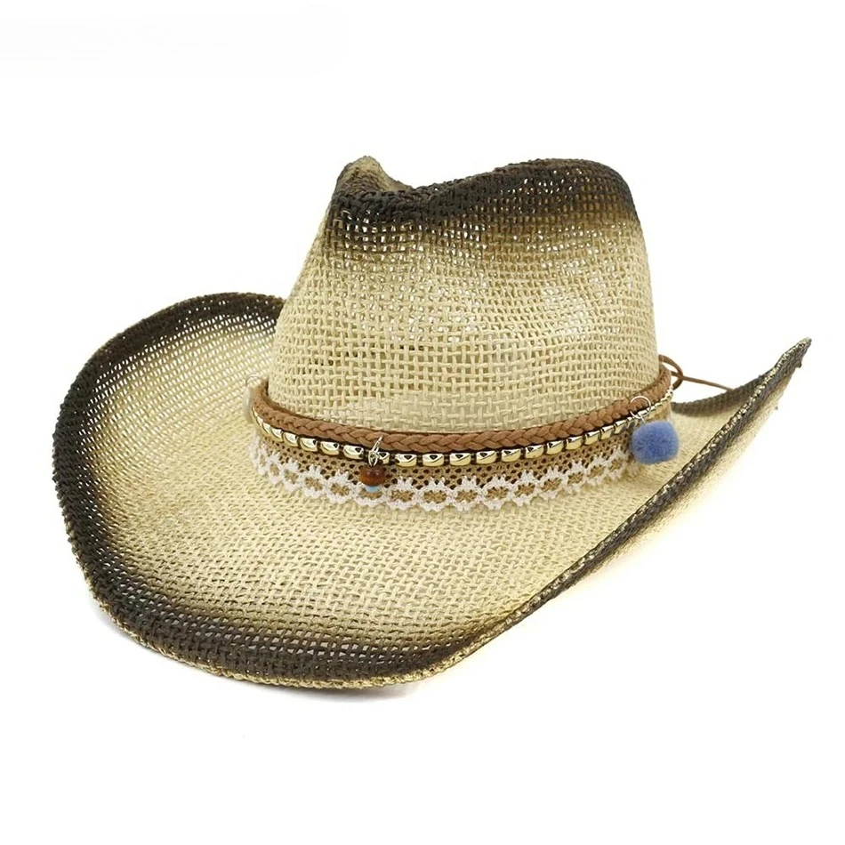 

Beige Ladies Sun Hat Cowboy Decorate Straw Summer Hats for Women White Bow Travel Beach Female Brand New Design Jazz Hats