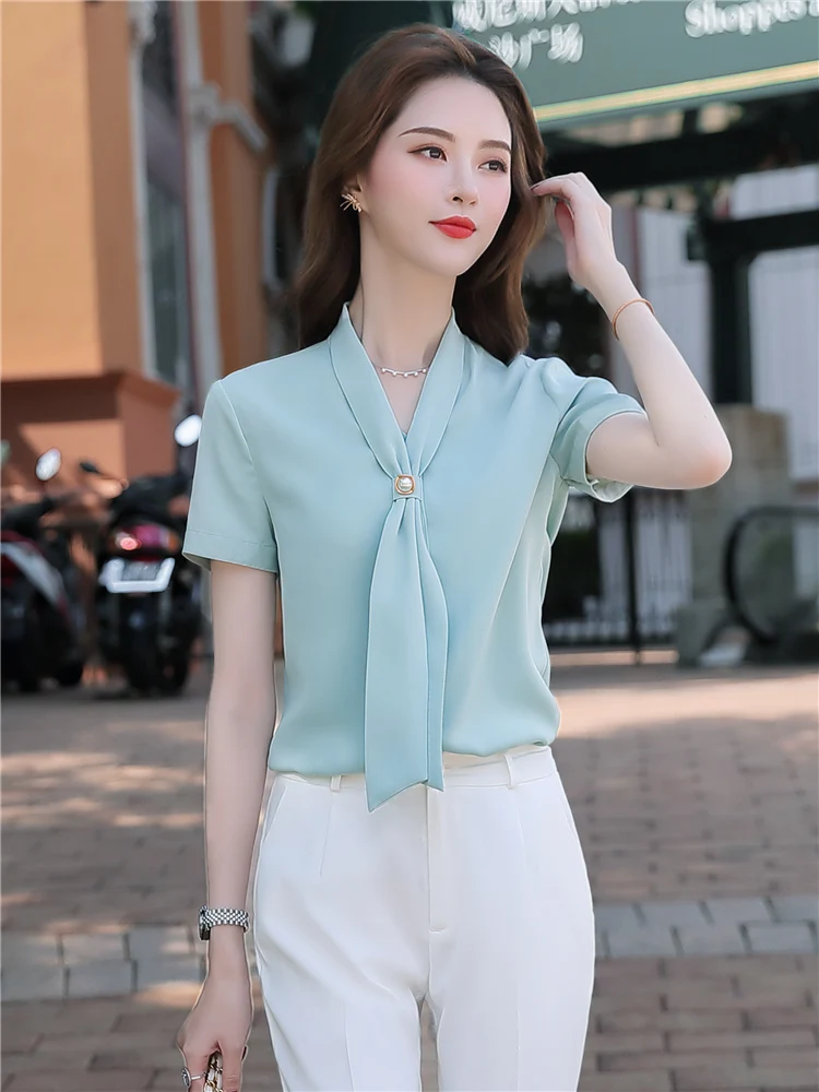 

Loose Casual Blouse For Wome Short Sleeves Bow Tie Office Lady Mint Green Blouse White Top Female Clothing New Fashion Summer