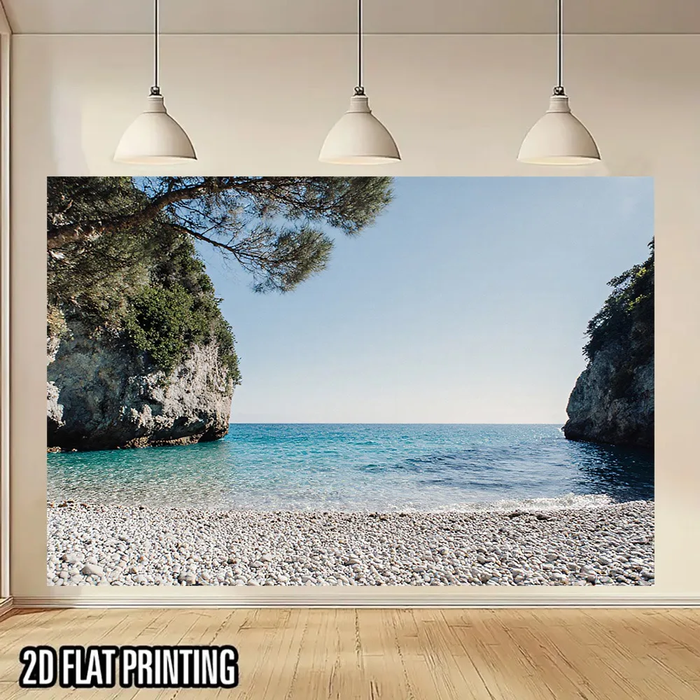 2D Flat, 1pc Turquoise Mediterranean Sea Beach Wall Tapestry - UV Printed Greek Island Backdrop Cloth with Pebble & Turquoise Wa