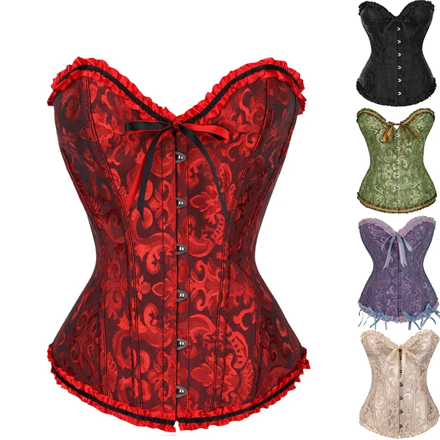 

new Sexy Corsets Bustiers Floral Lace Tops For Women Flower Print Vintage Corset Gothic Satin Lingerie Corselet Overbust Boned