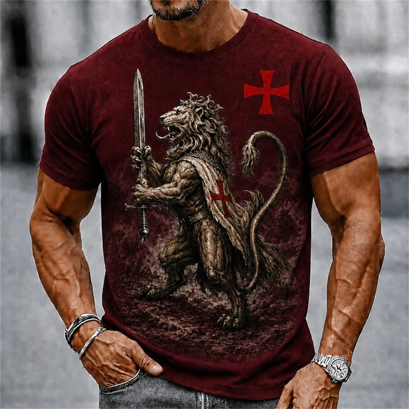 Men's Lion Knights Templar Print T-Shirt Short-Sleeve T-Shirt Gothic Retro Style Summer Casual Loose-Fit Short-Sleeve Top