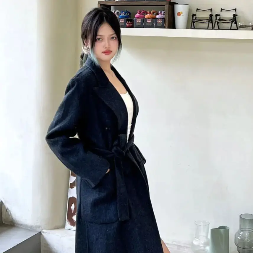 Korea Cashmere Coats Women's Winter New Fashion Loose Lace-up Real Soft Woolen Overcoat Office Ladies Female Jackets