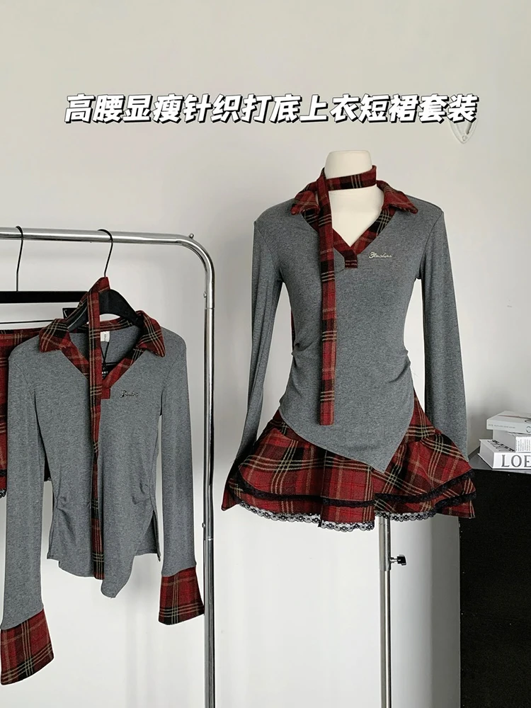 Women Korean Fashion 2000s Aesthetic Y2k Outfits 2 Piece Set Vintage Long Sleeve V-Neck Tops + Mini Plaid Tierred Ruffles Skirts