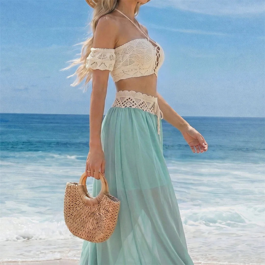 S - XL, zweiteiliger Anzug mit freiem Schulterbereich, gehäkelt, ideal als Strandkleid oder Strandüberwurf, Strandmode, Damen, V8218G. – Detail 7