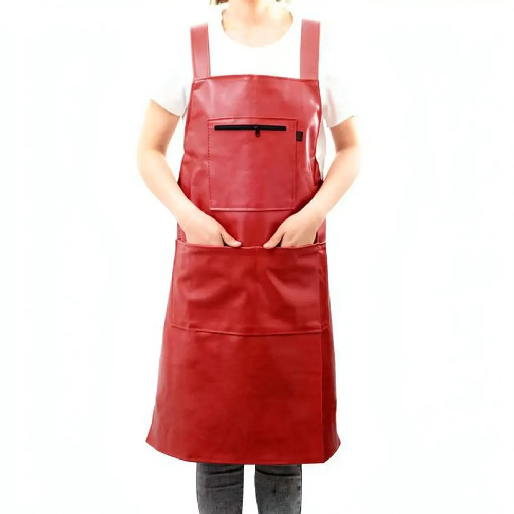 Comfortable Leather Kitchen Apron Waterproof Oilproof Cooking Bib Adjustable Cross Back Strap Unisex Professional Work Smock