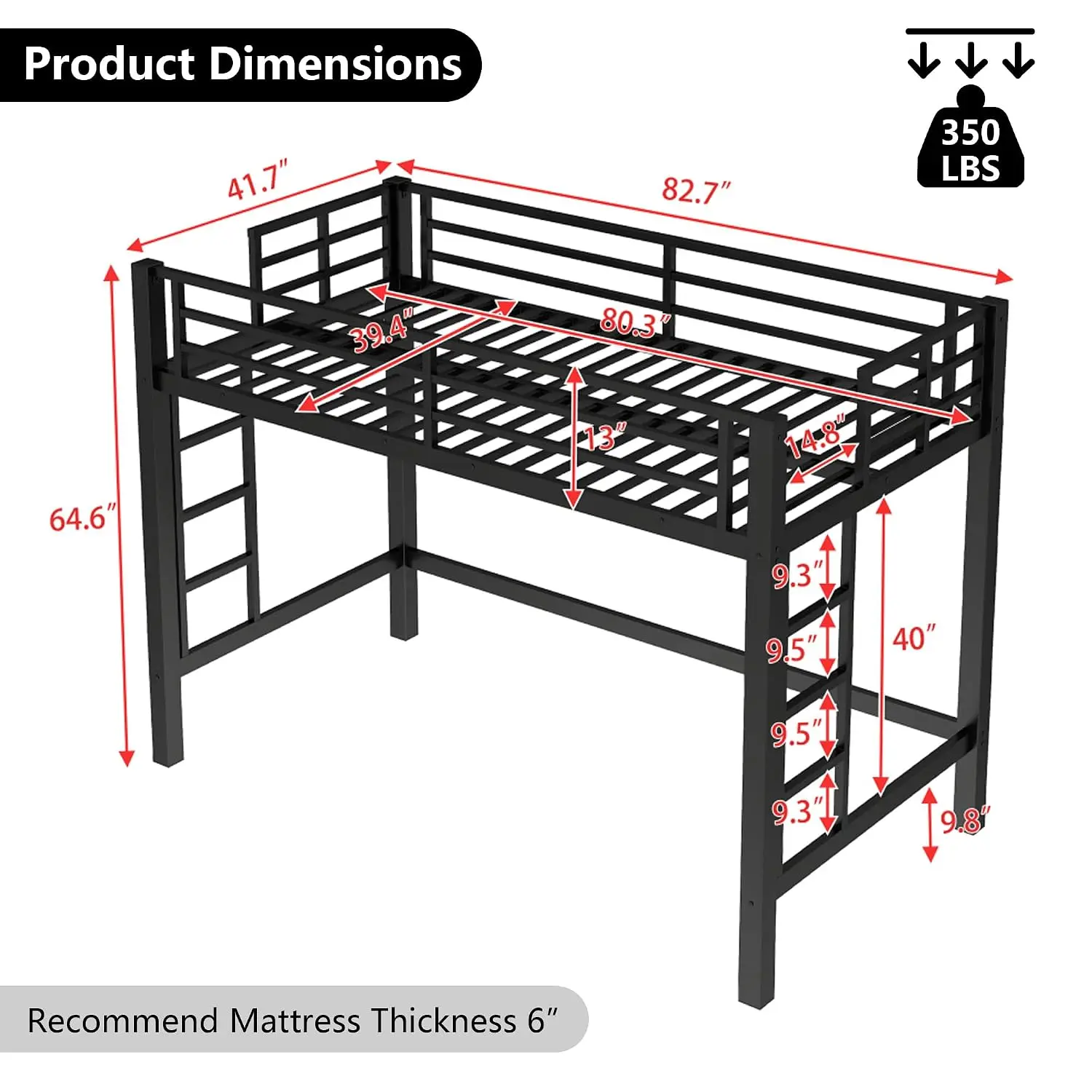 Twin XL Size Loft Bed Frame with 2 Ladder, Sturdy Metal Construction & High Guardrail, Space Saving Twin XL Loft Bed for Kids