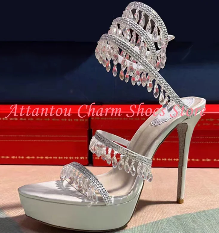 String Beads Crystal Lady Sandals Shoes Woman Fashion Thin Heel Platform Shoes Sexy Pumps Snake Strap Party Dress Shoes