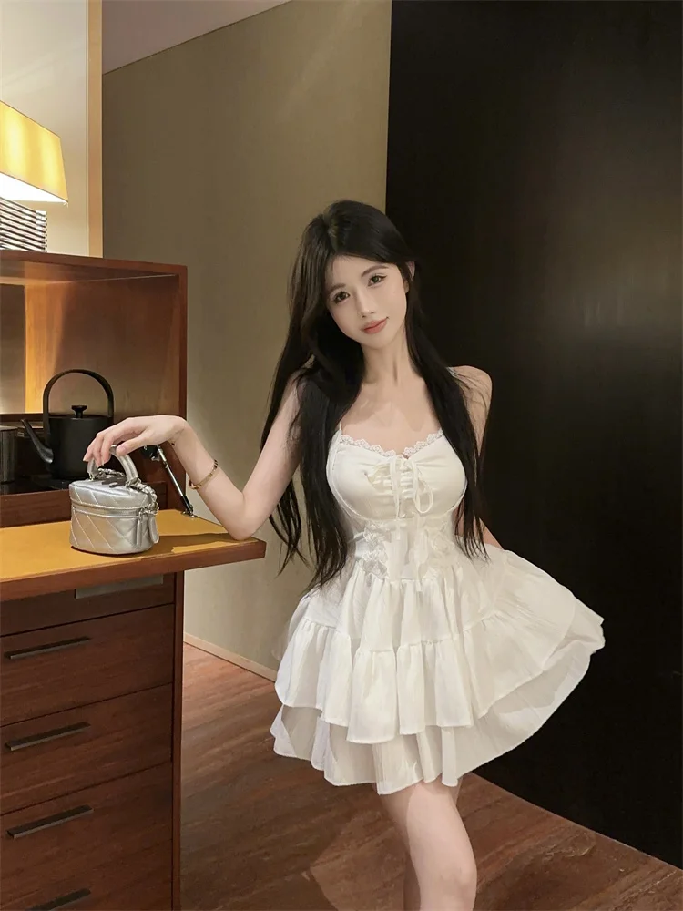 Sweet Lace Splice Drawstring Bow High Waist Slimming Puffy Dress Korean Style A-Line Skirt Short Length No Sleeve Summer 2025