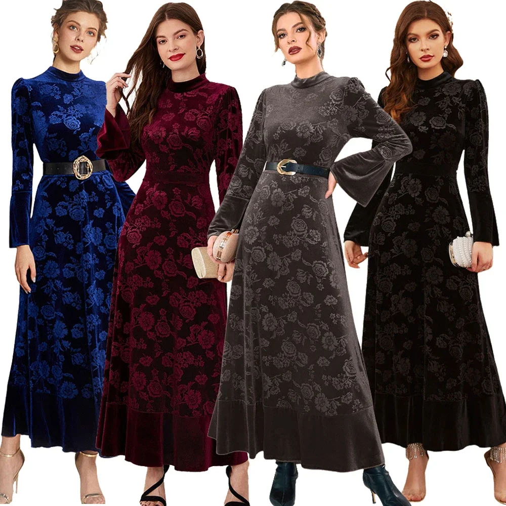 

New Velvet Abaya Women Muslim Long Maxi Dress Turkey Kaftan Arabic Robe Dubai Islamic Clothing Eid Ramadan Jalabiya Caftan Gown