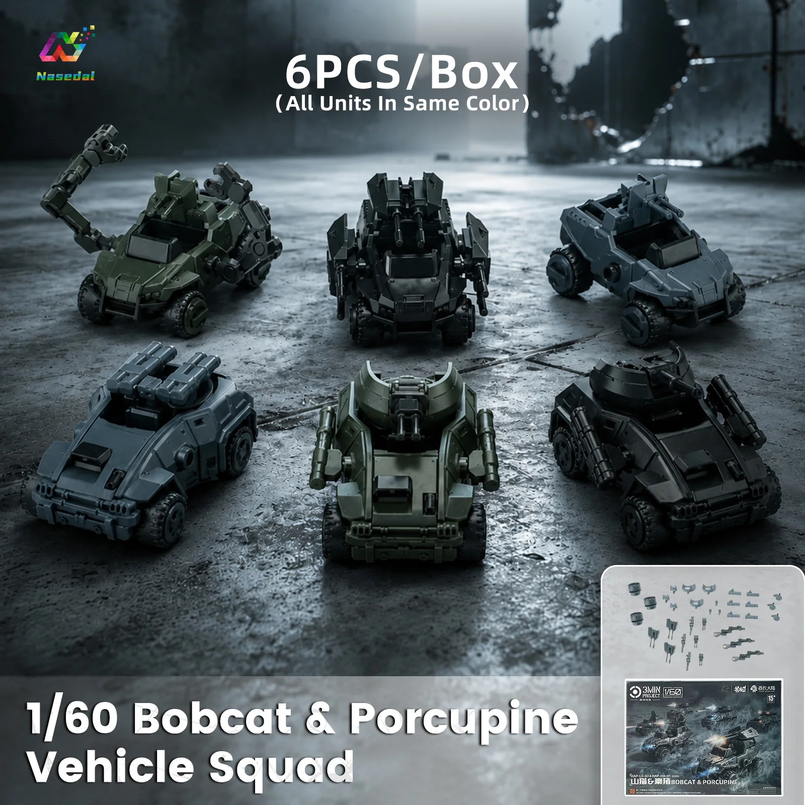 Sheik Mainland 3Min Project A 6pcs/Box 1/60 Bobcat Porcupine SciFi Armor Vehicle Model Kit Movable Wheels Hobby Collectible Gift