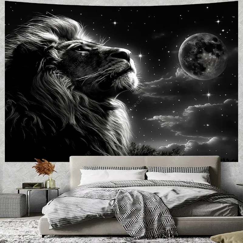 Cool Lion Tapestry Space Stars Moon Tapestry Aesthetic Black Tapestry Wall Hanging for Bedroom Living Room Collage Dorm Decor