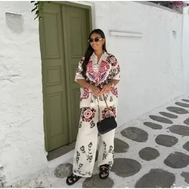 طقم بنطال مطبوع بأكمام قصيرة للنساء ، نمط عطلة مشهور ، كاجوال وعصري ، زر