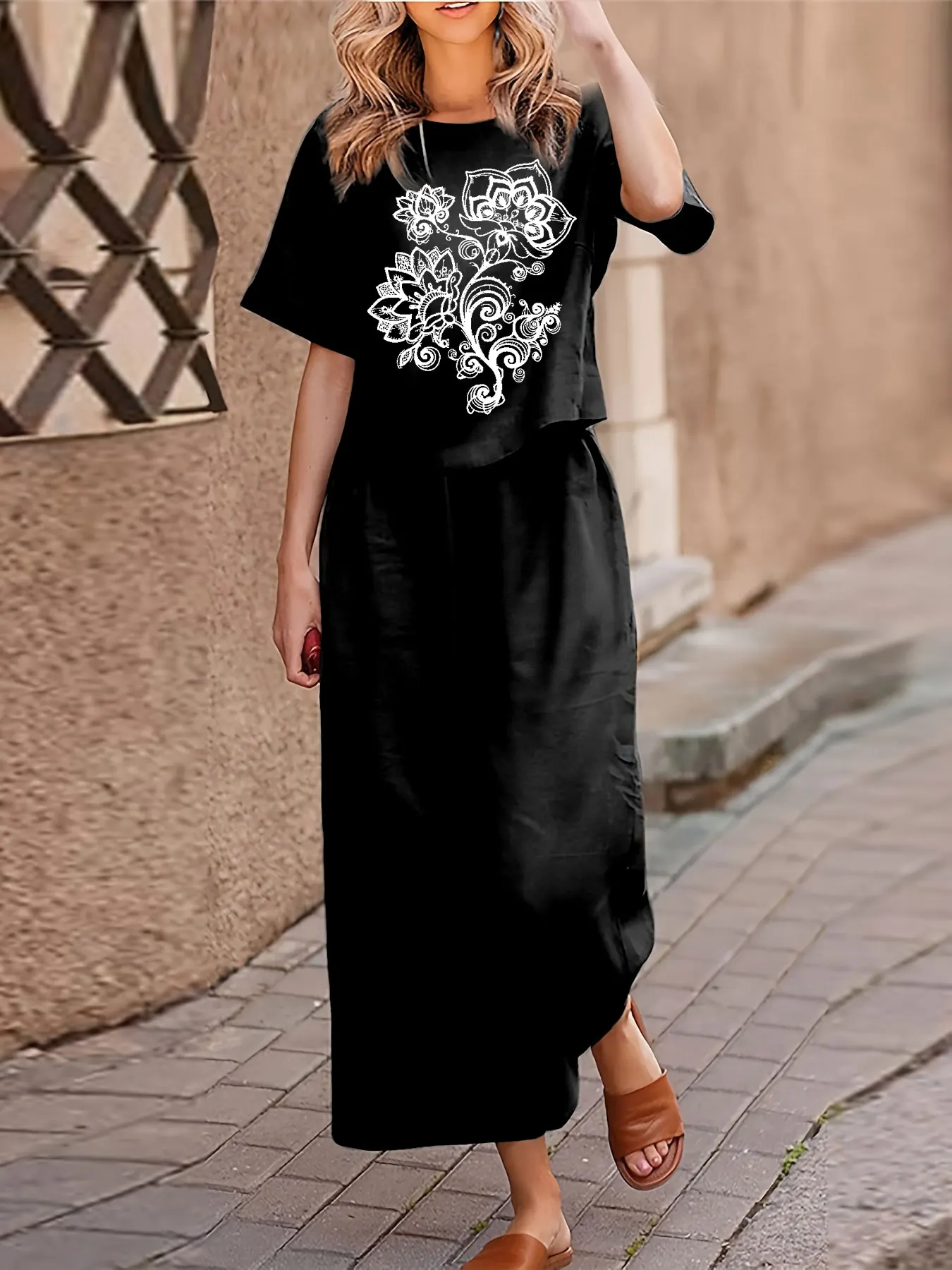 

Женский повседневный комплект из двух предметов больших размеров, футболка с короткими рукавами и принтом, брюки, комплект из двух предметов, свободный круглый вырез