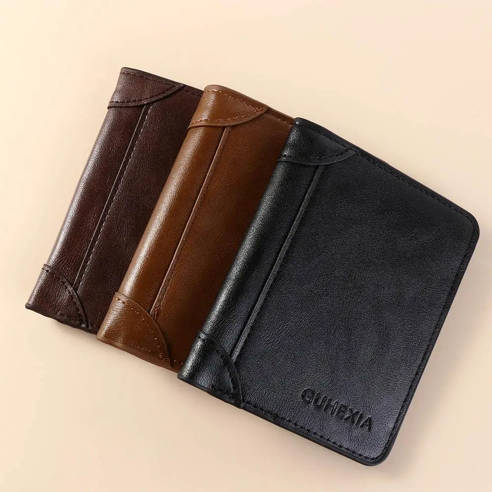 Leather 2 Fold Wallets Solid Color Urban Recreational Style Anti-theft Cash Bag ID Badge Holder Credit Card Case