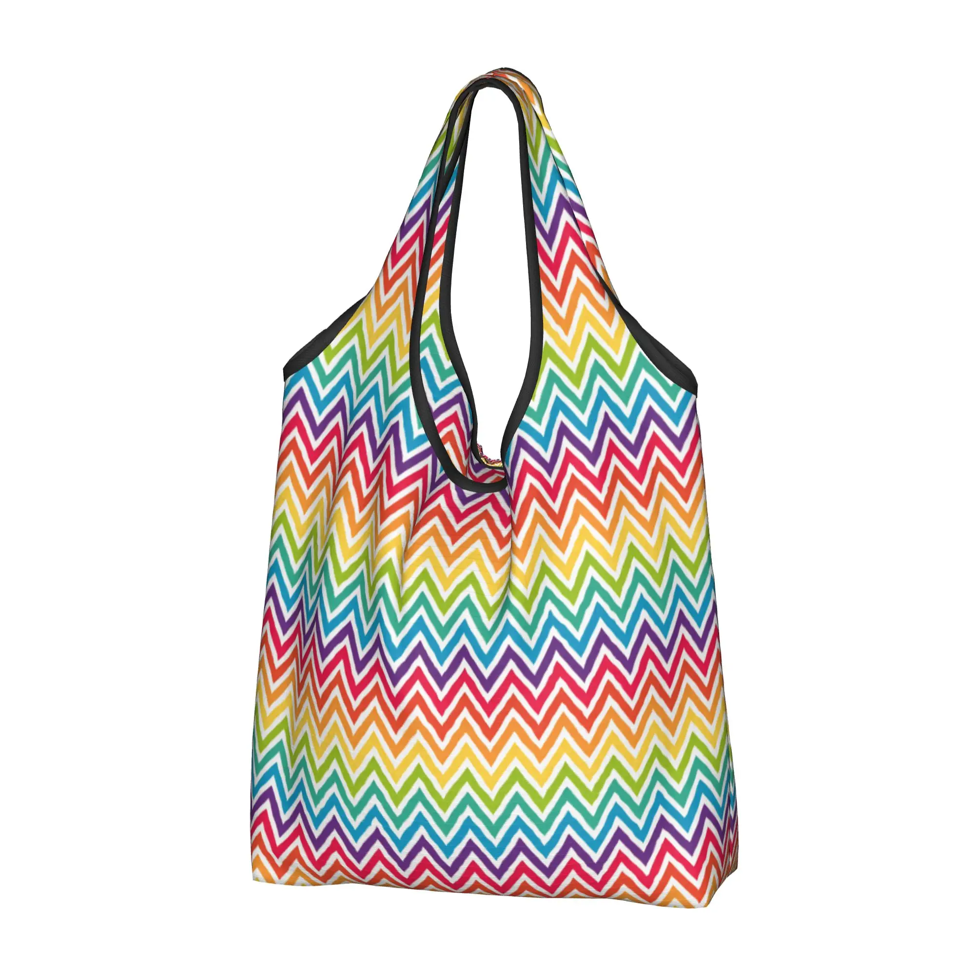Cute Boho Zig Zag Geometric  Shopping Tote Bag Portable Bright Rainbow Chevron  Groceries Shopper Shoulder Bag