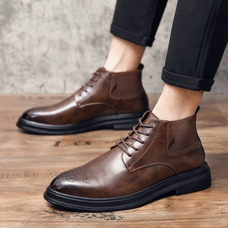 

Brogue High top leather shoes Minimalist Gentleman British Style Wedding Outdoor Leisure Business Party Walking Men's boots