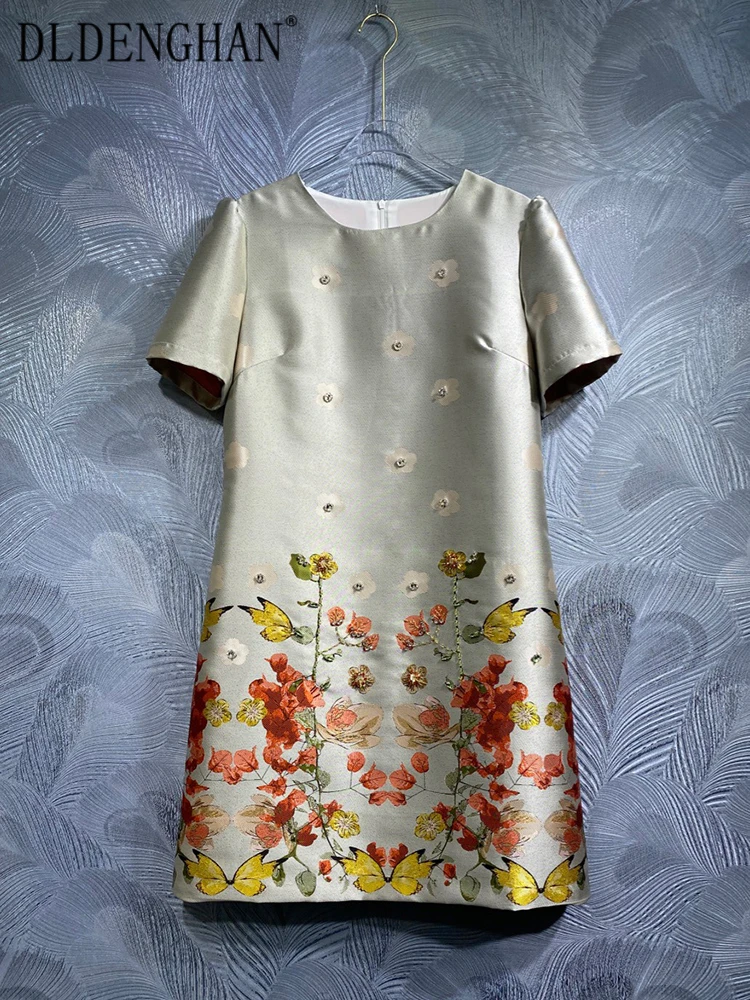 

DLDENGHAN Summer Dress Women O-Neck Short Sleeve Diamonds Flower Print Vintage Party Mini Dresses Fashion Designer New