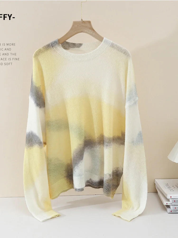 Women Alpaca Wool Tie Dye Sweater,Autumn Thin Round Neck Wool Blend Loose Soft Knitted Pullovers - Detail 1