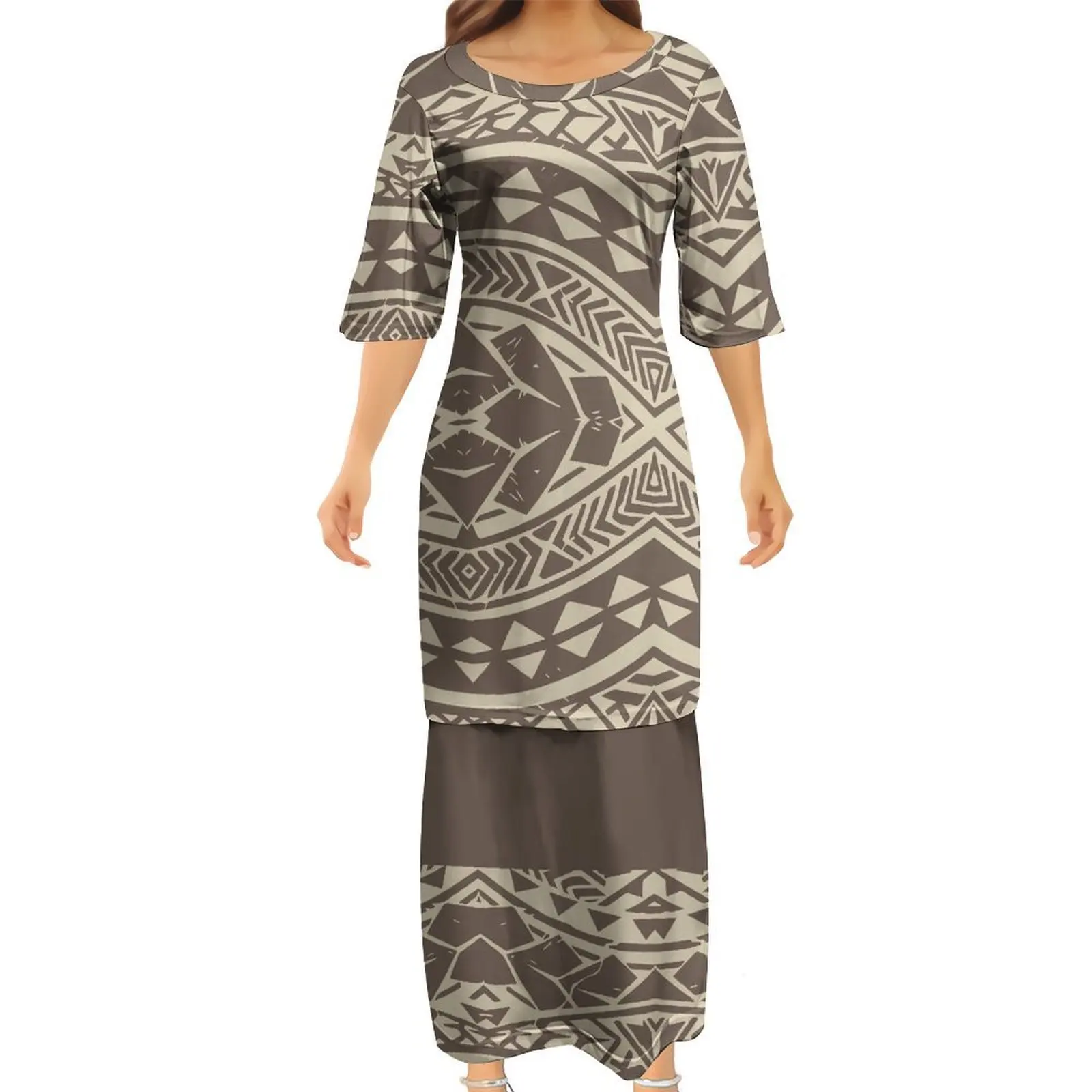 Summer Short-Sleeved Round-Neck Puletasi Custom Polynesian Women'S Dress Pattern Pacific Island Casual Women'S Wear