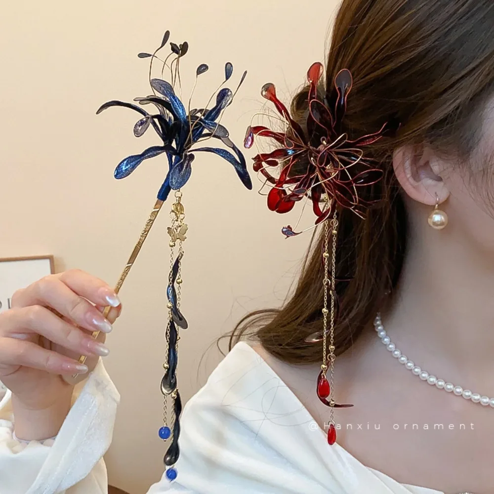 

Chinese Style Spider Lily Flower Hair Sticks Wedding Vintage Dripping Oil Tassel Hairpins Super Fairy Hanfu Chopsticks