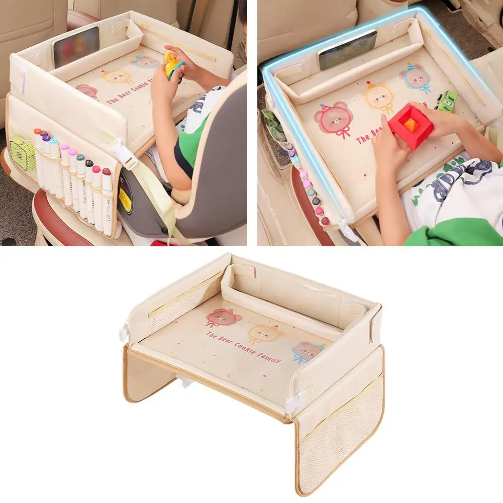 Kindersitz-Ablage Wasserdichter Reise-Spieltisch für Kindersicherheitssitz mit Cartoon-Motiven und mehreren Taschen für die Rücksitzaktivitäten – Detail 7