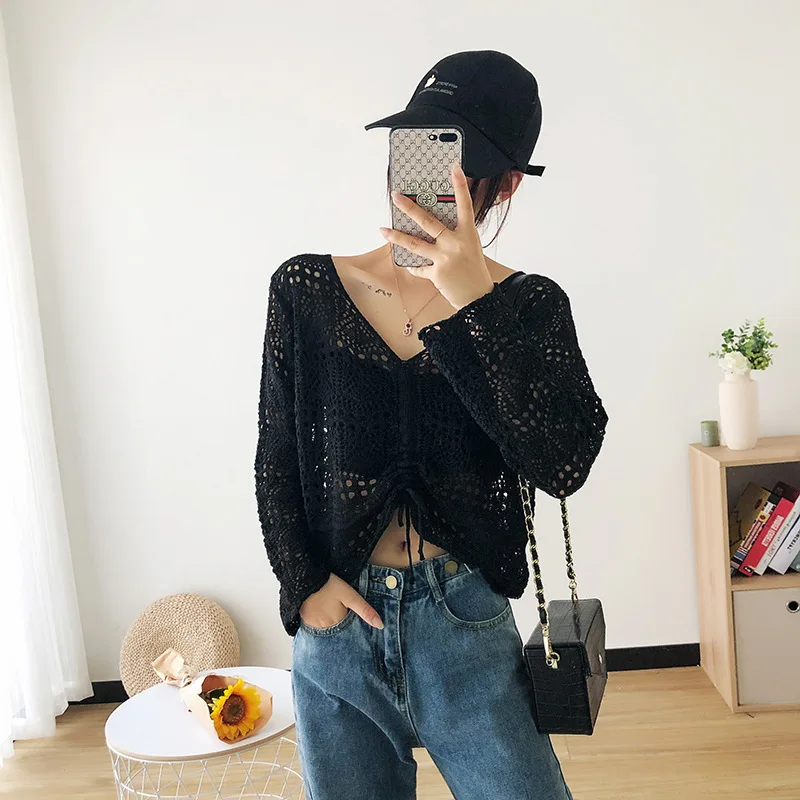 Women Y2k Crochet Knit Hollow Out Crop Top Long Sleeve Shrug Sweater Mesh Cover Ups Cardigan V-neck Streetwear Pullover Women