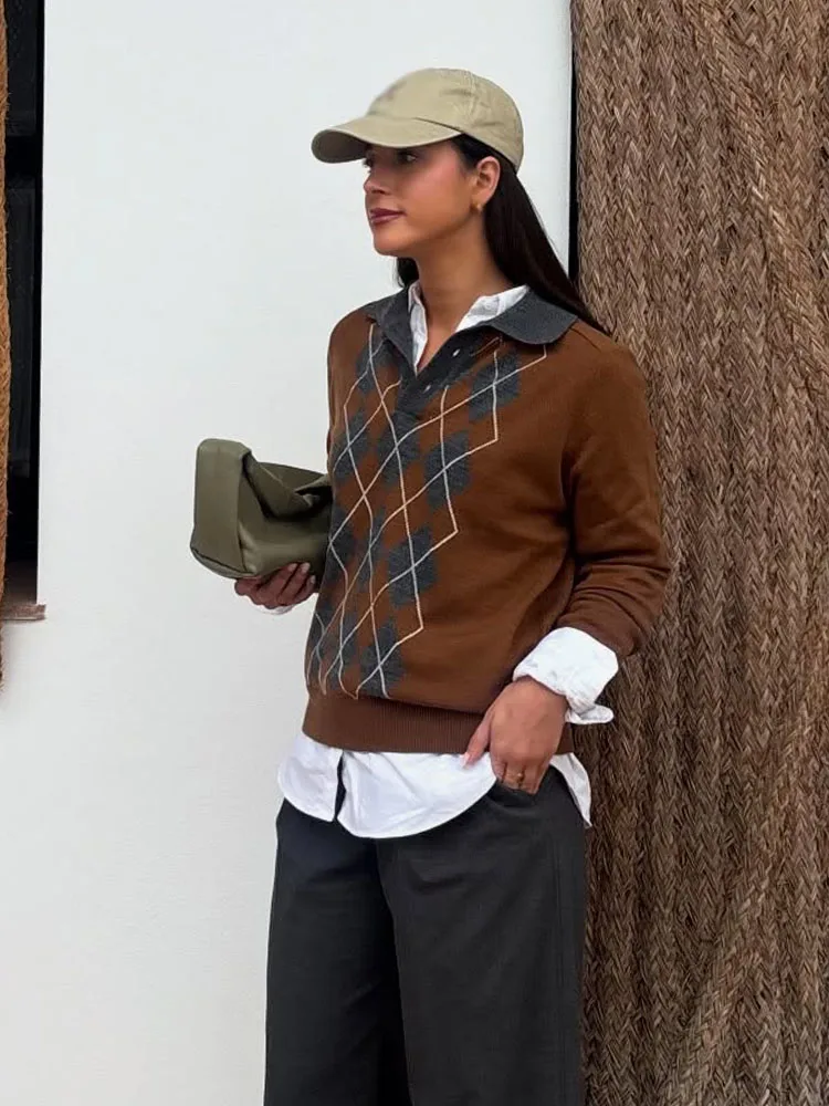 HH 2025 Women Fashion Turn-down Collar Knitted Diamond Pullover Long Sleeves Button Sweater Cozy Loose Autumn Tops Mujer