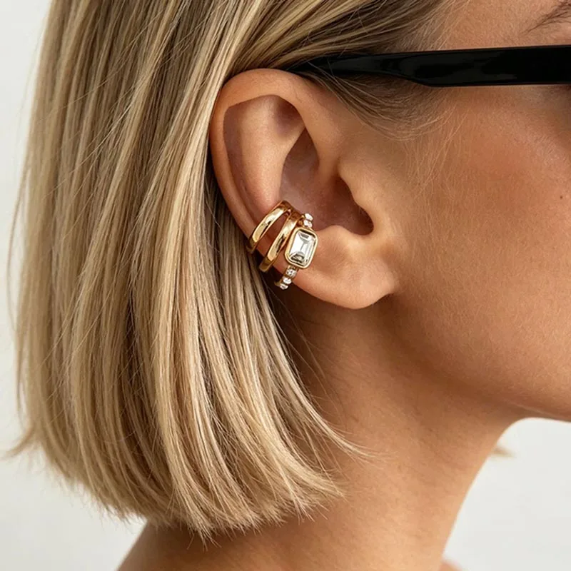 Multi-Layer C-shaped Ear Cuff Fashion Crystal Clip Earrings for Women Girls Minimalist Metal Fake Piercing Earring Jewelry Gifts