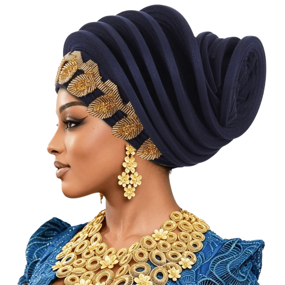 Vintage Shiny African Gele Headwrap Leaf Polyester Yoruba Turban Hat Gold Embellished Pre-tied Traditional Headpiece Party