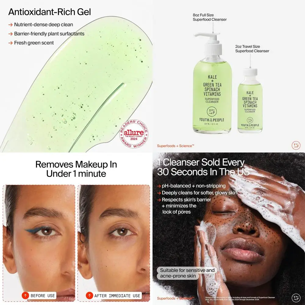 

Superfood Facial Cleanser - Kale + Green Tea Daily Face Wash, Gentle Makeup Remover, with Soothing Antioxidants for Glowing Skin