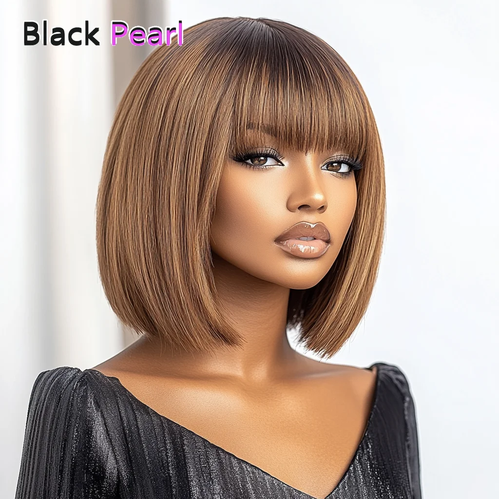 

Brazilian Straight Bob Wig 180% Density Human Hair Glueless Lace Front with Bangs Middle Part Realistic Tangle Free WigFor Women