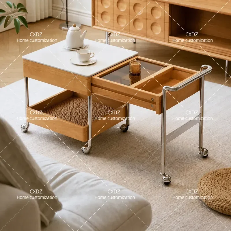 Movable Stainless Steel Coffee Table Medieval Solid Wood Retractable Edge Table Modern Simple Household Trolley Tea Table