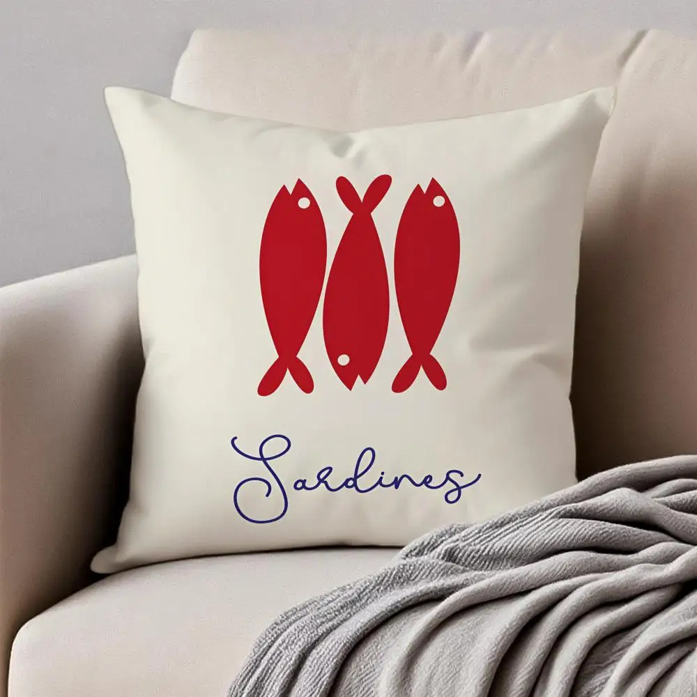 Cute Coastal Charm Sardines Art Design Cushion Cover Pillowcase Anti-dustmite Invisible Zipper Short Plush Sofa Cushion - view 4