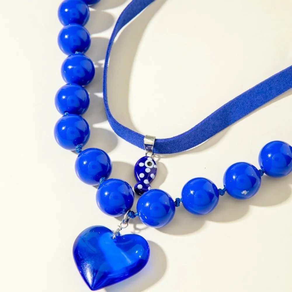 Fashion Punk Acrylic Bead Necklace Set Stackable Heart Pendant Choker Round Bead Blue Color Pendant Necklace Casual