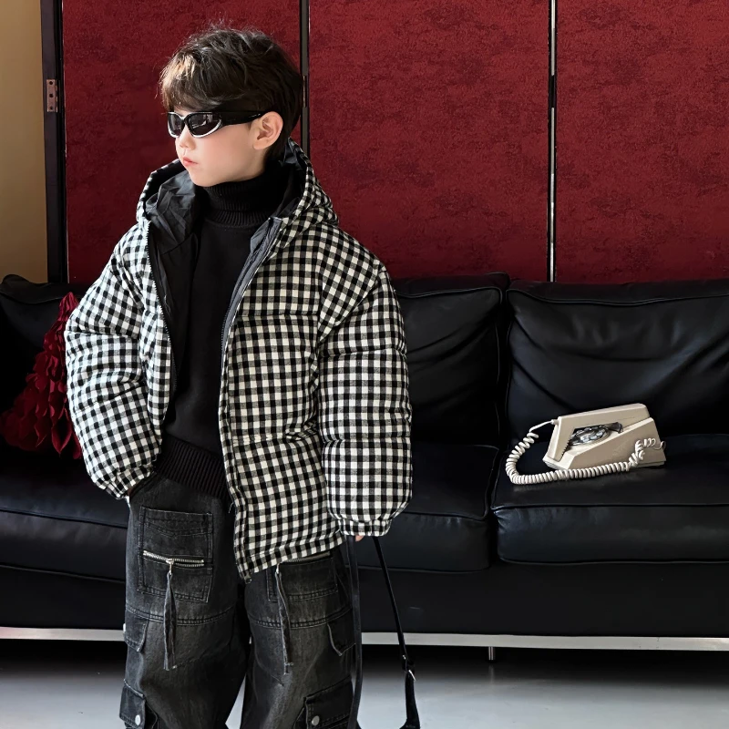 

2025 Autumn and Winter New Children's Fashion Thickened Western Style Grid Warm Cotton Jacket