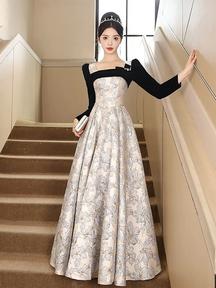 

French Style Banquet Evening Dress Women Bow Square Collar Long Sleeves Graduation Dresses Exquisite Elegant Birthday Gown