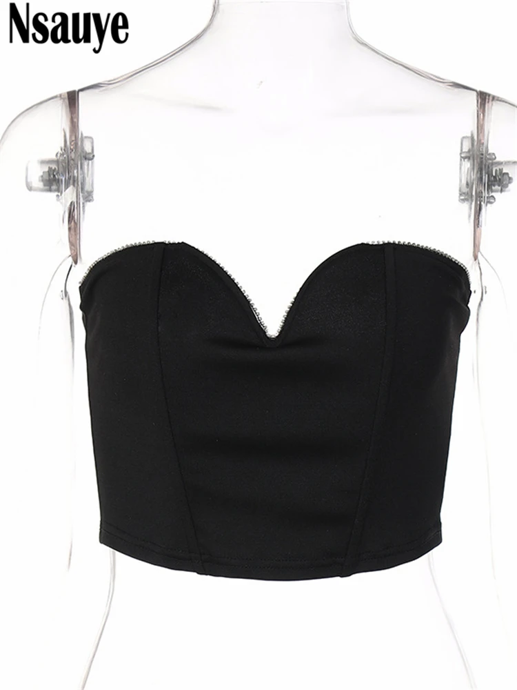 Nsauye Y2K Sleeveless Vintage Bustier Corset Tops Women Night Club Sexy Backless Off Shoulder Diamonds Black Tube Crop Tops 2022