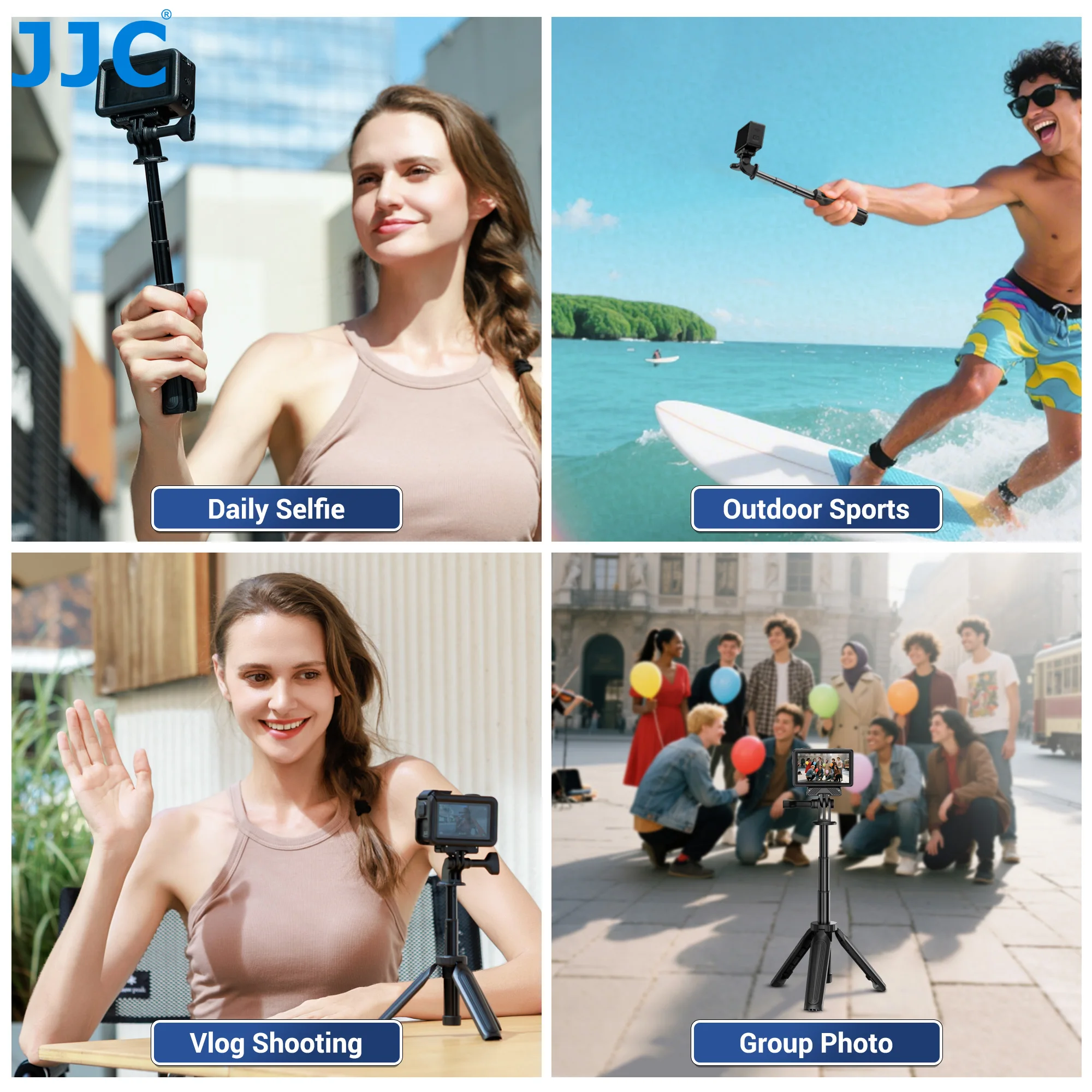 JJC حامل ثلاثي القوائم صغير قابل للتمديد عصا سيلفي لـ Go Pro Hero 13 12 11 DJI Osmo Action 5 Pro 4 3 Insta360 Ace Pro 2 حامل ثلاثي القوائم