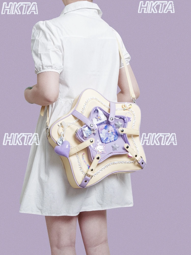 

Yellow Purple Contrasting Color Pentagram Pain Bag Messenger Bag for Ladies Bow Sweet and Cute Versatile Lolita Backpacks Women